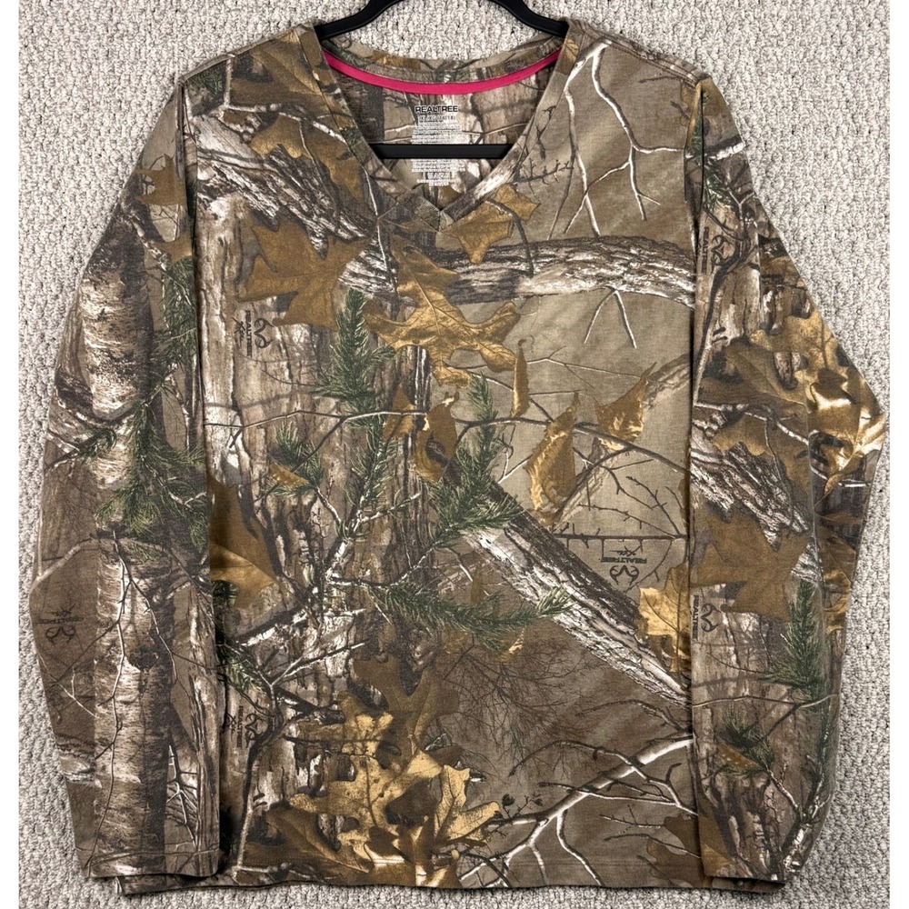Realtree Camo Shirt Women XL 16-18 Brown Long Sleeve V-Neck Hunting Outdoor Tee